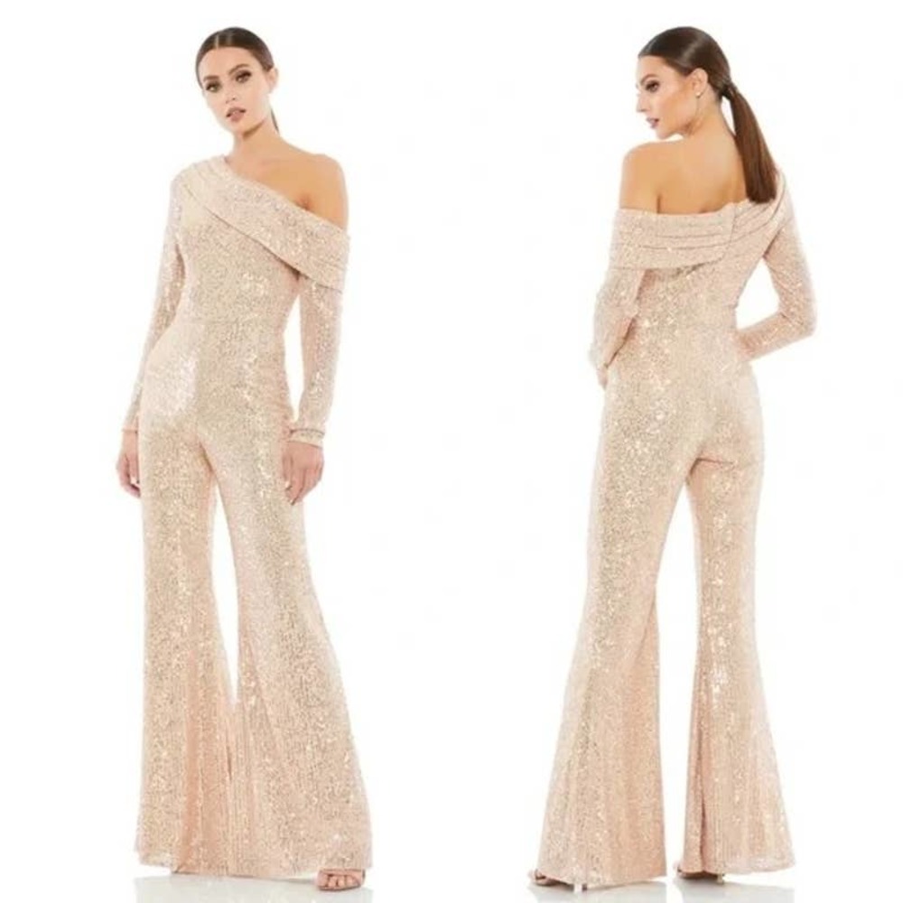 Ieena For Mac Duggal Off Shoulder Sequin Flare Leg Jumpsuit Beige Women's 0 NWT